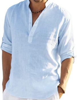 Men’s Cotton Linen Henley Shirt Long Sleeve Hippie Casual Beach T Shirts