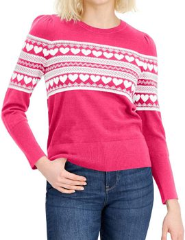 Tommy Hilfiger Womens Heart Ribbed Trim Cotton Crewneck Sweater