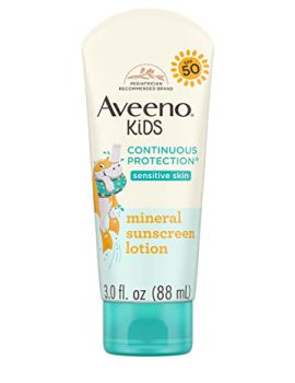 Aveeno Kids Continuous Protection Zinc Oxide Mineral Sunscreen Lotion for Children’s Sensitive Skin with Broad Spectrum SPF 50, Tear-Free, Sweat- & Water-Resistant, Non-Greasy, 3 fl. oz